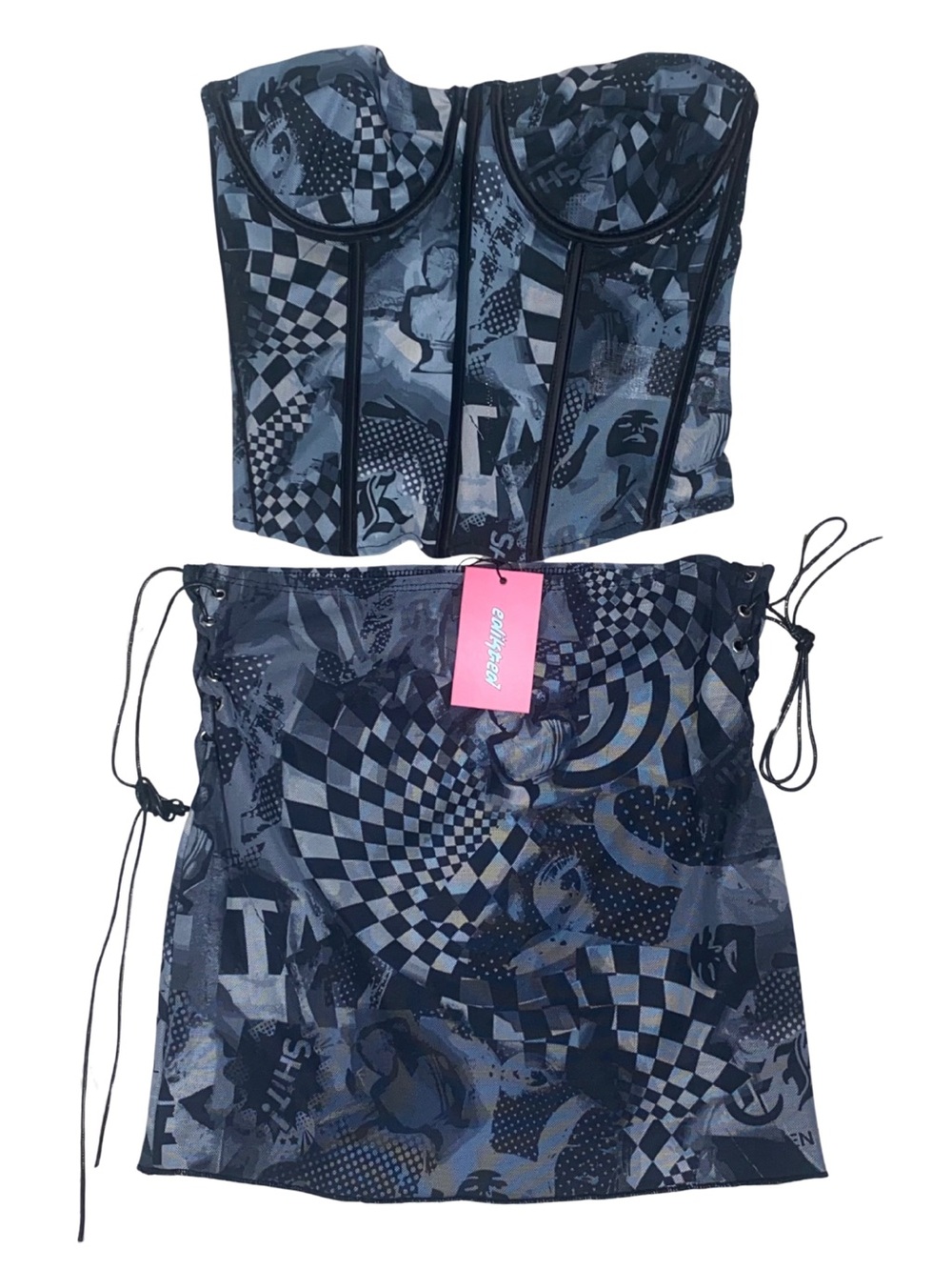 Edikted Y2K Two-Piece Corset Top and Skirt Set in Navy Graphic Print